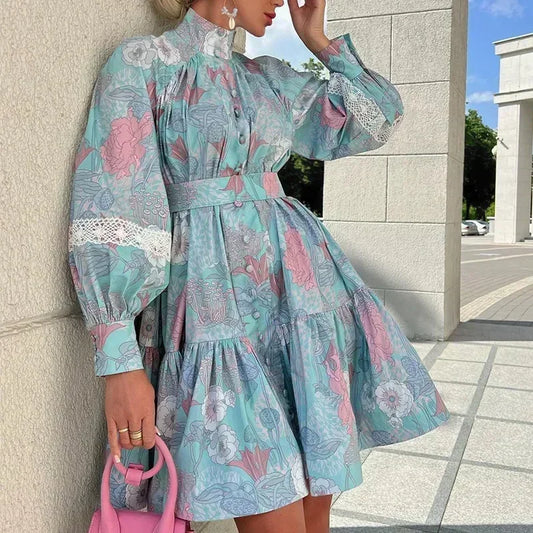 Women Lantern Sleeve Party Dress High-Waist Floral Print  Fashion Elegant Large Swing A-Line Mini Dress Lace Holidy Short Dresse