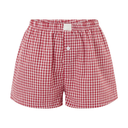 Women’s Y2K Retro Cleanfit Plaid Print Elastic Low Waist Button Front Aesthetic Loungewear Loose Shorts Boxers Streetwear