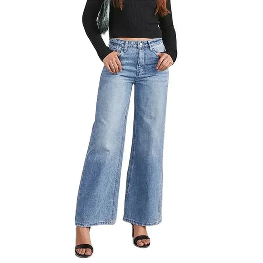 Fashion Back Pocket Broken Holes Straight Jeans Women High Waist Wide Leg Trousers Daily Comfortable Commuter Casual Denim Pants