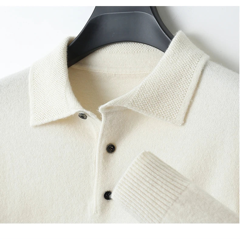 Autumn and winter new 100% pure wool sweater men's POLOL neck sweater lapel button cashmere sweater business bottoming shirt.