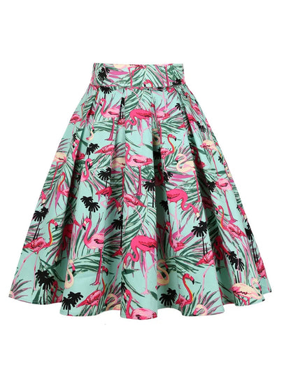 Summer French Style Women Short Vintage Pleated High Waist Floral Print Jupe Longo Elegant Ladies Office 50s Midi Tunic Skirts