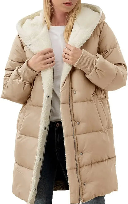 Womens Winter Warm Coats Sherpa Fleece Lined Long Hooded Puffer Jacket