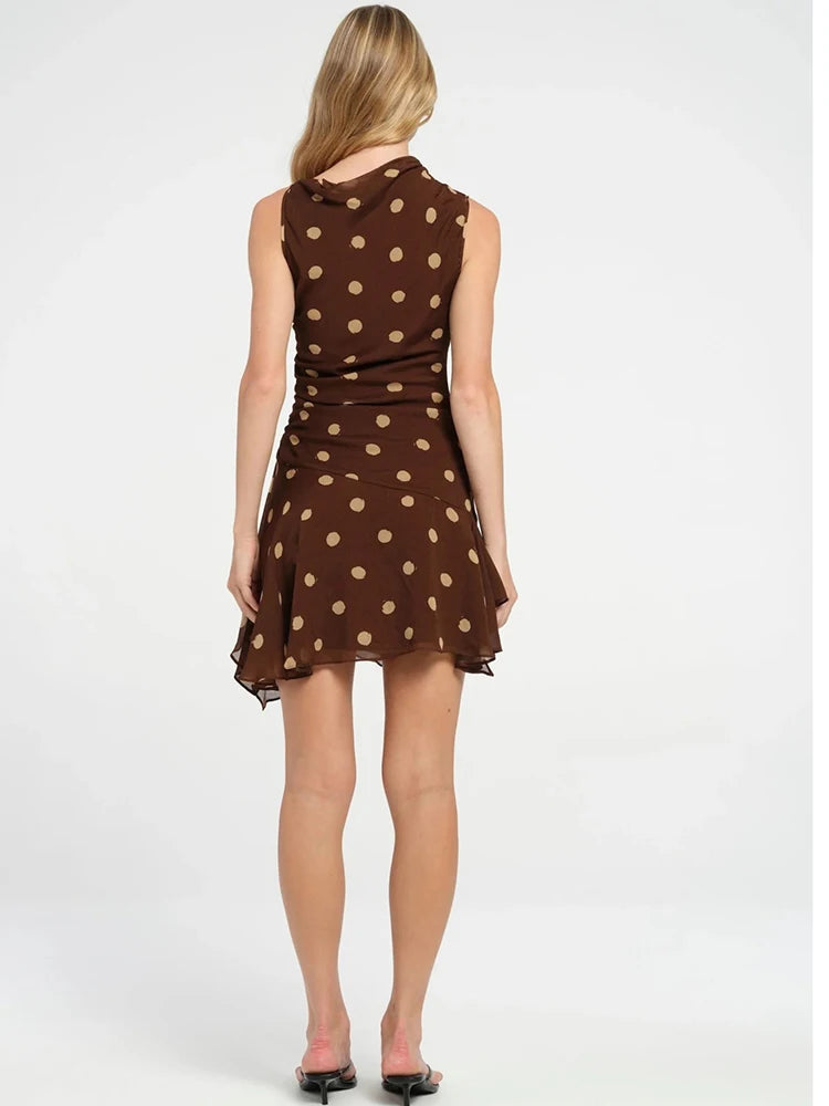 JULISSA MO Chiffon Print Polka Dot Ruched Women Dress Coffee Sleeveless High Waist Dress Spring Slim Elegant Party Club Outfits