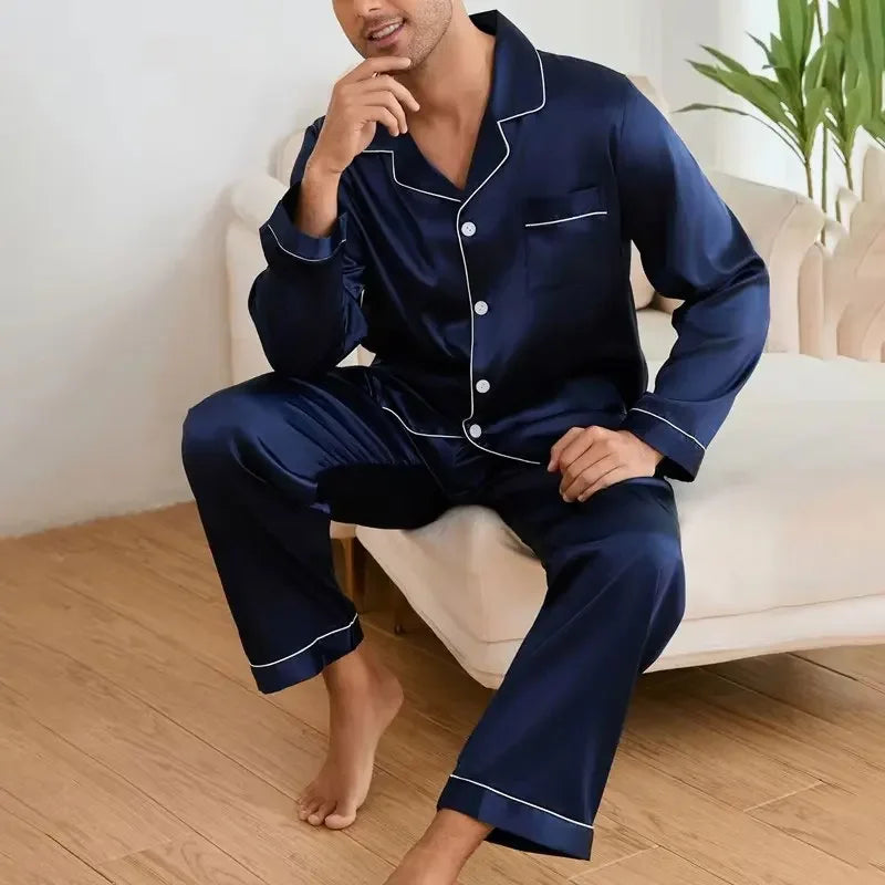 Men's Satin Pajama Set Linter Lapel Collar Long Sleeve Tops & Pants Sleepwear Button Down Loungewear Autumn Pyjama For Man