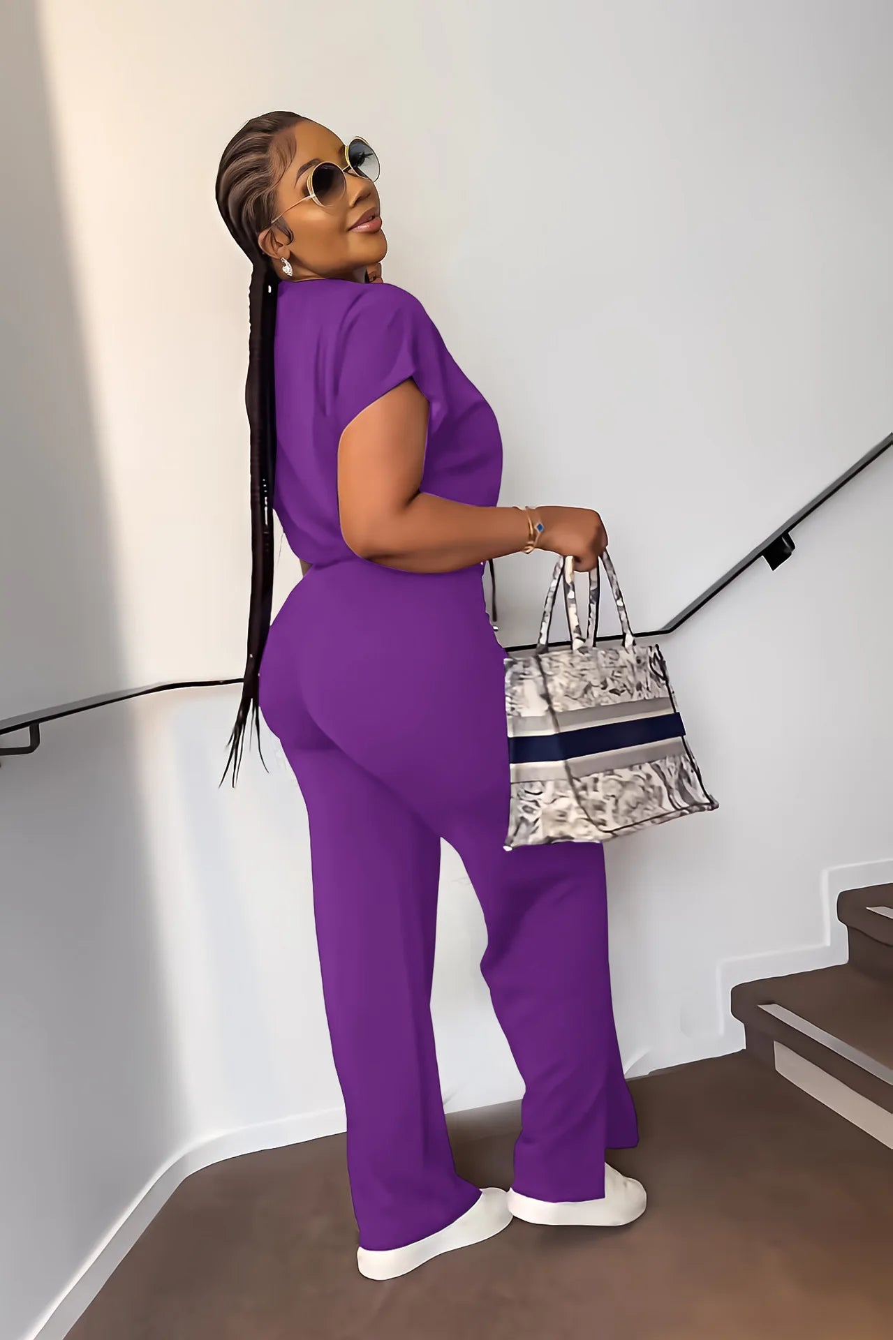 Women Short Sleeve Top & High Waist Pants Set