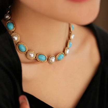 Vintage Oval Geometric Pearl Necklace Palace Style Clavicle Chain