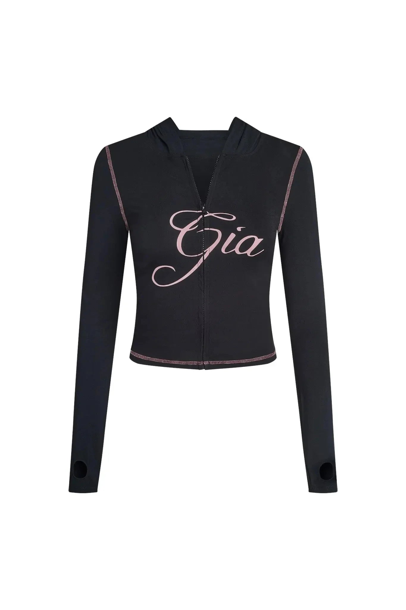 iamgia black cotton zipper hooded long sleeved high stretch top low waist micro flared pants for women 2024