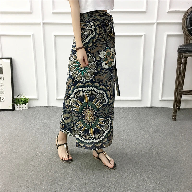 High Waist Long Skirt  Wrap Dress Asymmetrical Hem Chiffon Floral Print Belted Midi Skirt for Short Women Summer Dress