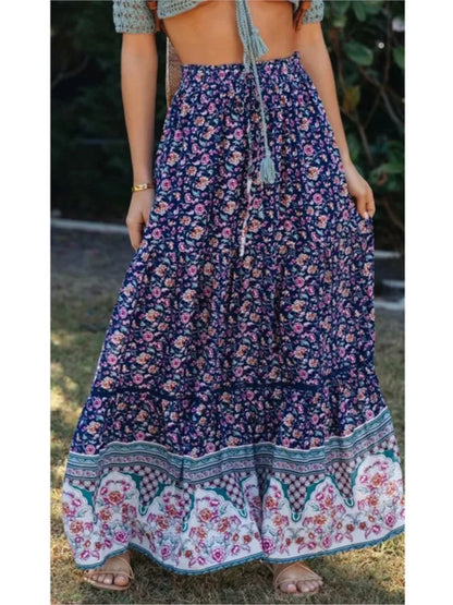 Vintage Floral Print Beach Boho Pleated Skirt For Women 2025 Summer Fashion Cotton High-waisted Maxi Skirts Femme Beach Skirt