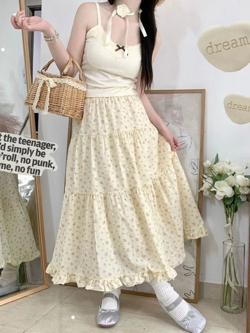 Floral A-Line Skirt for Women Summer 2024 Mid-Calf Length High Waisted Skirt Korean Streetwear Y2k Harajuku Skirt