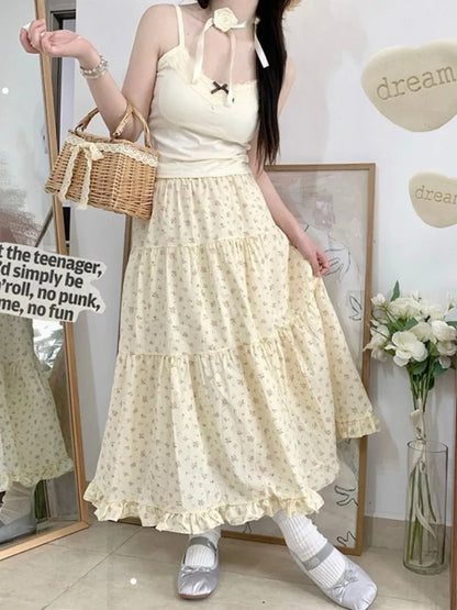Floral A-Line Skirt for Women Summer 2024 Mid-Calf Length High Waisted Skirt Korean Streetwear Y2k Harajuku Skirt