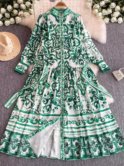 Runway Red Blue And White Porcelain Print Holiday Maxi Dress Women's Stand Single Breasted Loose Lace Up Belt Long Robe Vestido