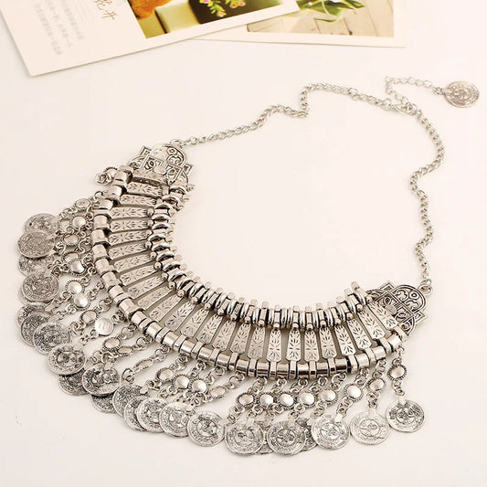 Gypsy Bohemia Metal Coin Tassel Statement Choker Necklace Women Boho Afghan Turkish Ethnic Tribal Jewelry