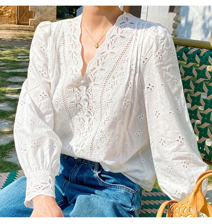 2025 Spring New Women's French White Shirt Splicing Lace Embroidery Design Ladies Shirt Long Sleeve Casual Holiday Beach Tops