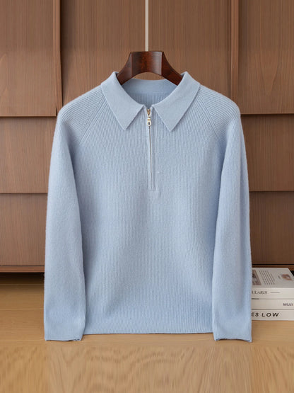 Luxury 100% Merino Wool Sweater for Men Half Zipper Polo Collar Pullover Autumn Winter Cashmere Thick Knitwear Smart Casual Top