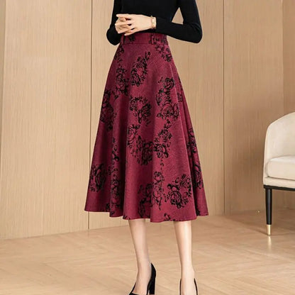 2024 Autumn New Retro Fashion Print Women's Folded Pocket Loose High Waist Elastic A-line Elegant Versatile Mid Length Skirts