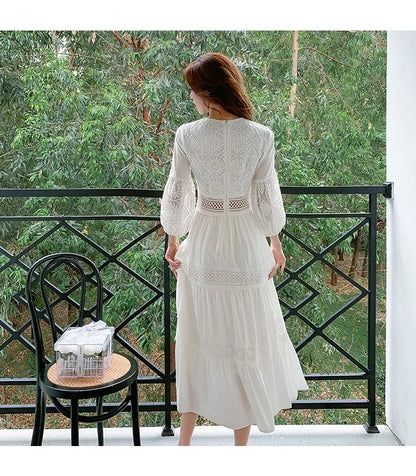 2025 Women's New Spring/Summer White Hollow Sweet Dress Fashion French Bubble Sleeve Knee length Skirt European and American