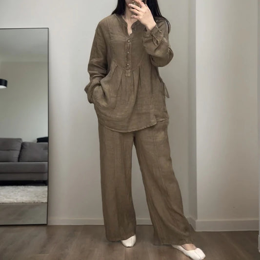 Women Fashion Folds Cotton Linen Half Breasted Long-sleeved Shirt Top And Wide Legs Pants Two Piece Set