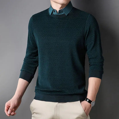Autumn Winter New Fake Two Piece Shirt Collar Sweater Men Long Sleeved Solid Trendy Button Screw Thread Korean Slim Pullover Top