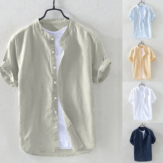 Men's Casual Cotton Linen Shirt Loose Tops Short Sleeve Tee Shirt Summer Daily Casual Handsome Shirt Blusa