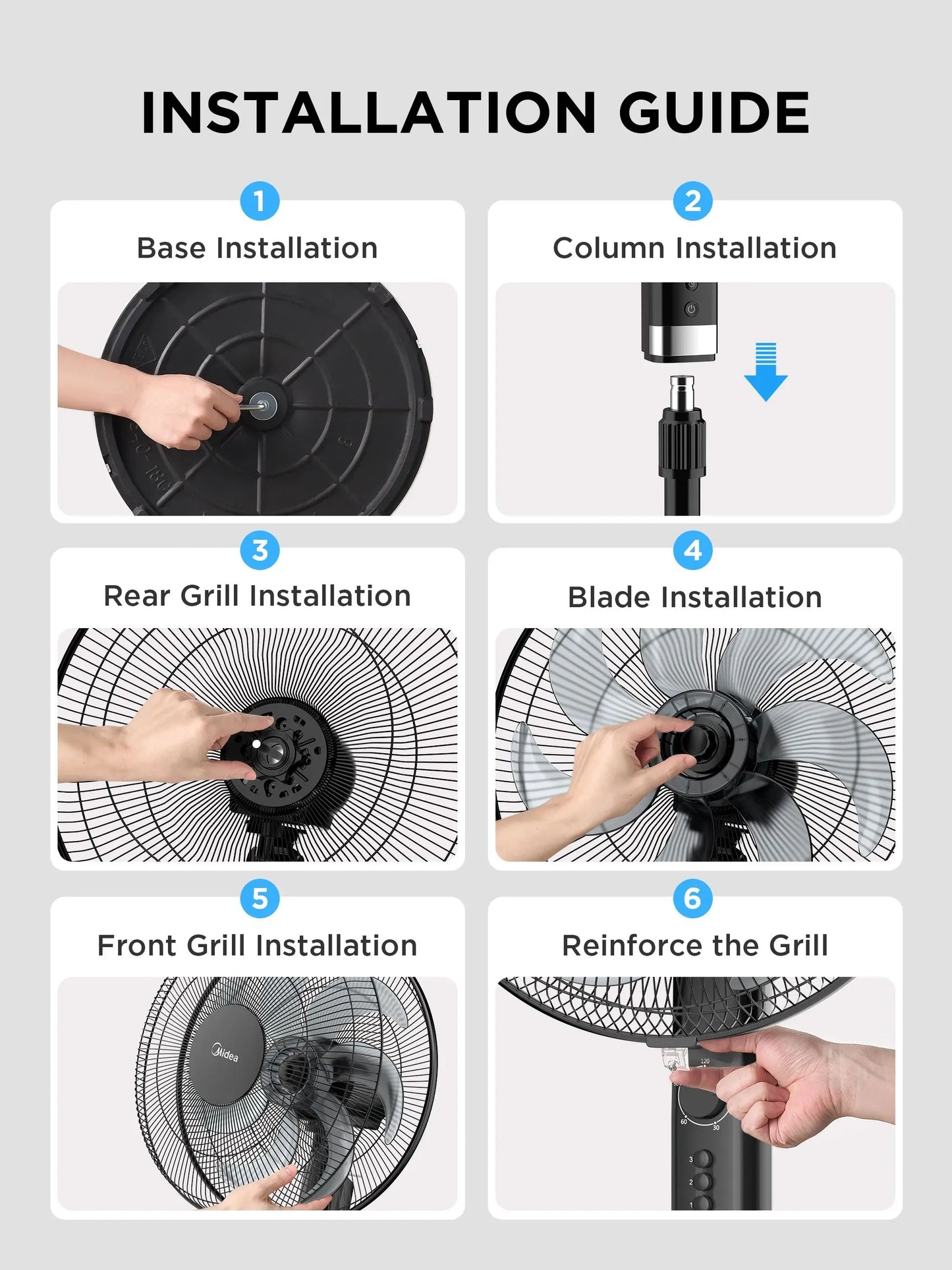 Midea 50W Pedestal Fan, 3 Speed Settings, 7 Bionic Blades, 90° Oscillation, Adjustable Height, 2H Timer, AC Motor