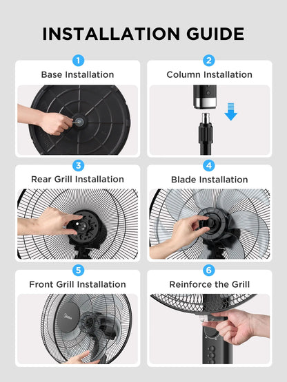 Midea 50W Pedestal Fan, 3 Speed Settings, 7 Bionic Blades, 90° Oscillation, Adjustable Height, 2H Timer, AC Motor