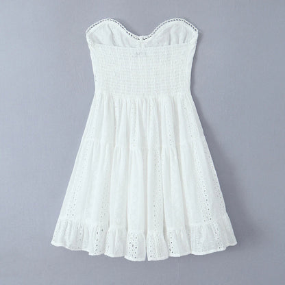 Evening Party Embroideryed Dress Elegant Summer Solid Color White Lace dress Off Shoulder Short Dress Front Tie Back Shirred