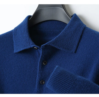 Autumn and winter new 100% pure wool sweater men's POLOL neck sweater lapel button cashmere sweater business bottoming shirt.