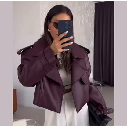 Brown Lapel Leather Bomber Jacket Women's Fashion Full Sleeve Zipper Pocket Lace Up Belt Coat 2025 Autumn High Street Outerwear
