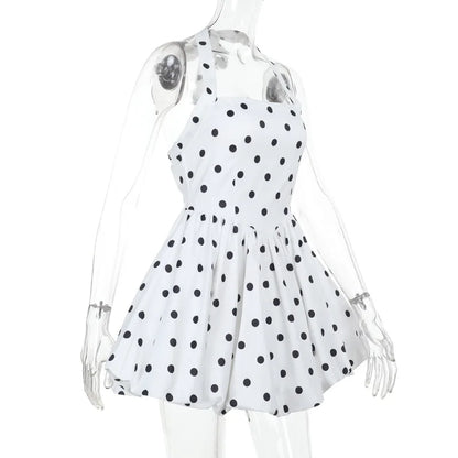 TARUXY Polka Dot Vacation Mini Dress For Women  High Waist A-line Ball Gown Dress Sleeveless Halter Neck Female Summer Fashion