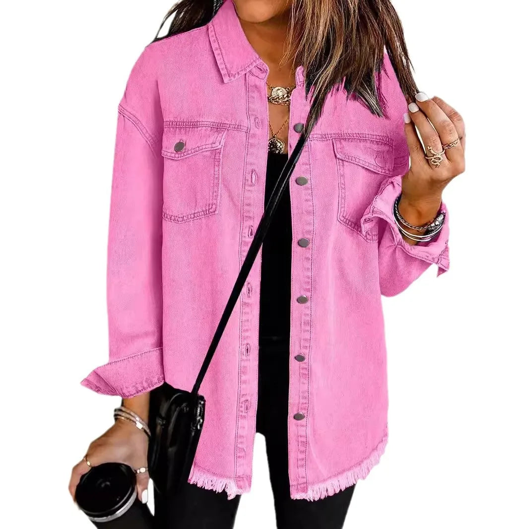 Women Denim Shirt Turn Down Collar  Streetwear Open Stitch Single Breasted Casual Loose Jackets