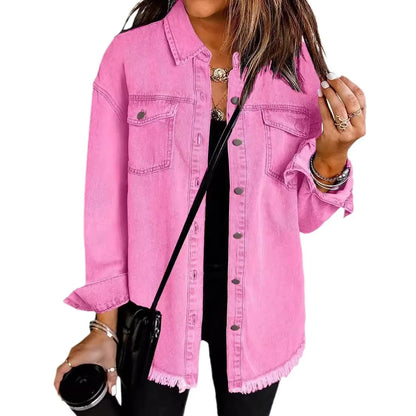 Women Denim Shirt Turn Down Collar  Streetwear Open Stitch Single Breasted Casual Loose Jackets