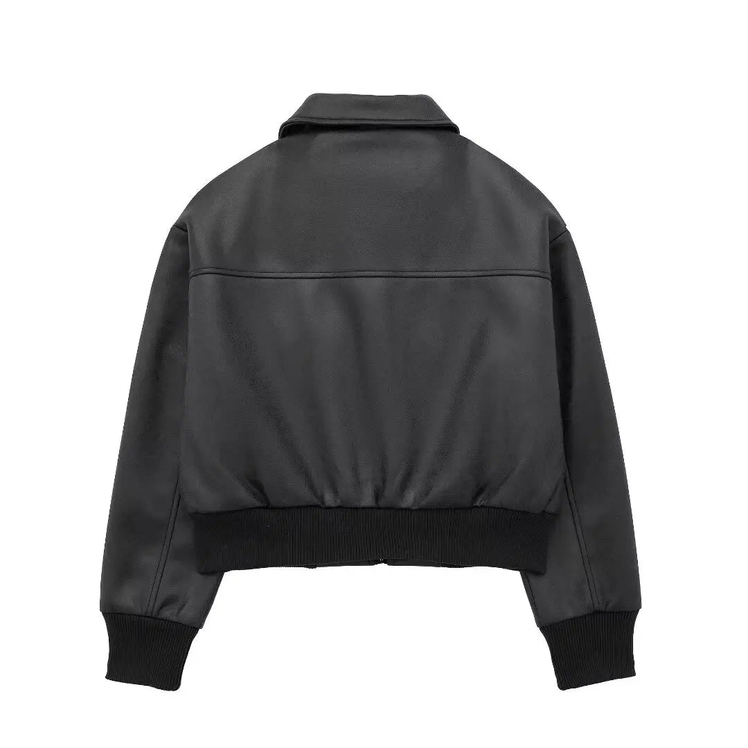 TRAFZA Winter Short Coats Woman Trendy Black Turn-Down Collar Long Sleeves Pockets Zipper Female High Street Thick Jackets