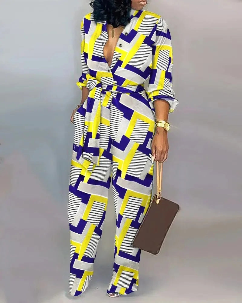 Women Fashion Letter Print Long Sleeve Jumpsuit Spring Button One Piece Overalls Streetwear Autumn Elegant Office Lady Playsuit