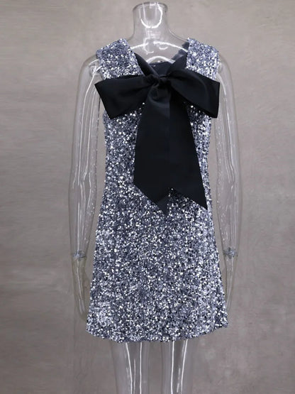 Mozision Sequins Backless Bow Sexy Mini Dress For Women Robe 2025 New Sleeveless A-line Sparkle Club Dress Elegant Vestido