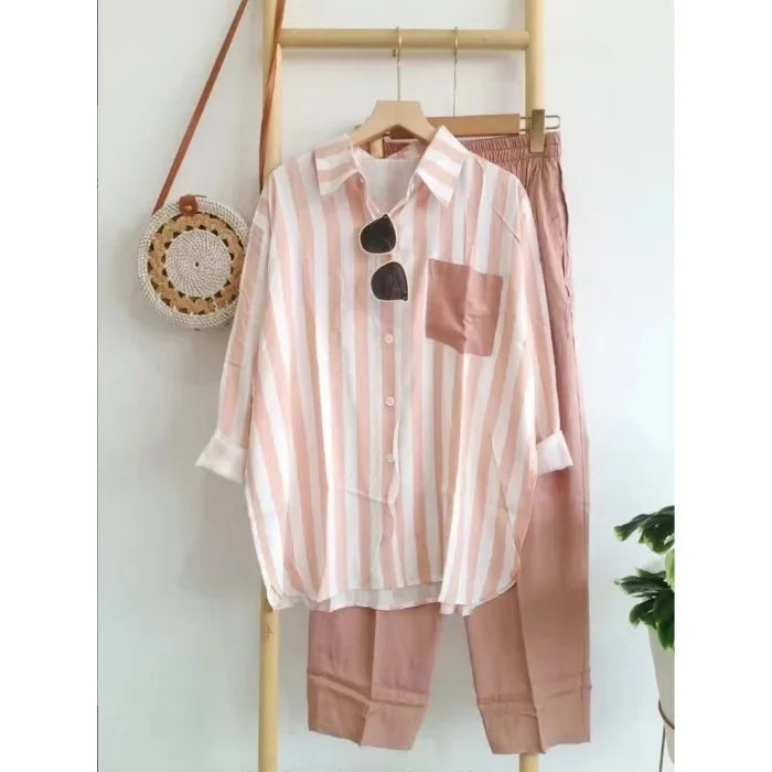 2024 Summer New Fashion Loose-Fit Slimming Casual Striped Two-Piece Suit Women's Comfortable Black Pink Red Short Skirt Set