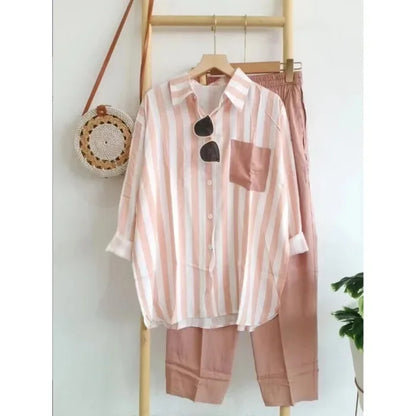 2024 Summer New Fashion Loose-Fit Slimming Casual Striped Two-Piece Suit Women's Comfortable Black Pink Red Short Skirt Set