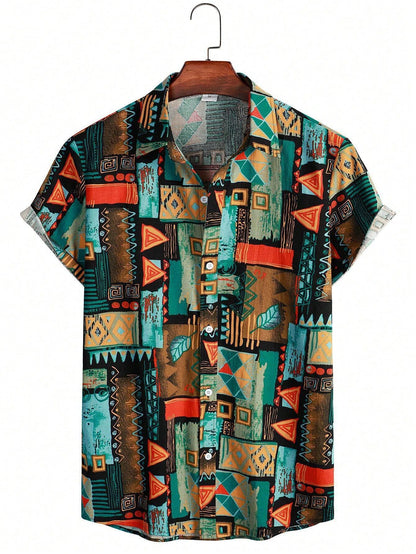 Men's Coconut Tree Graphic Print Short Sleeve Lapel Shirt Tops Men's Casual Button-Down Shirts For Summer Daily Wear And Resort