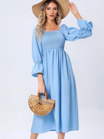 Shirred Solid Dress,Casual Lantern Sleeve Squared Neck Slim Waist Midi Dress, Women's Clothing