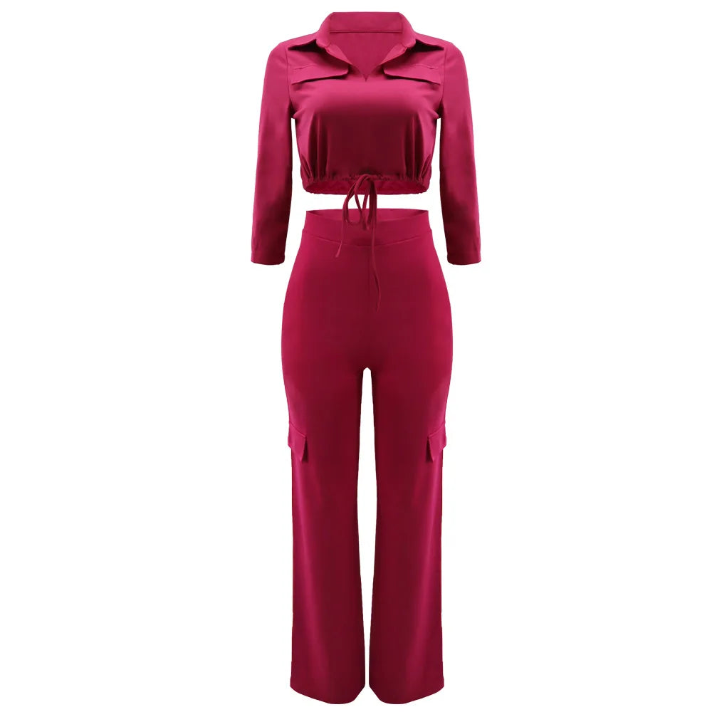 Elegant Office Women Two Piece  Short Shirt + Wide Leg Trousers Set