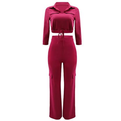 Elegant Office Women Two Piece  Short Shirt + Wide Leg Trousers Set