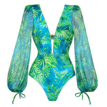 Flaxmaker Women Sexy Deep V Neck Long-sleeved Jungle Green Print One Piece Swimsuit And Skirt Summer Bathing Suit Monokini