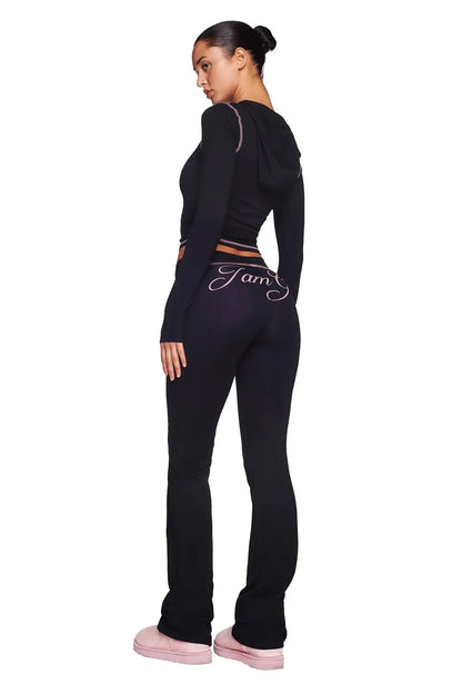 iamgia black cotton zipper hooded long sleeved high stretch top low waist micro flared pants for women 2024
