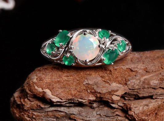 Gorgeously design green agate with Opal Natural gemstone Rings 925 silver fine jewelry for women's anniversary & banquet gifts