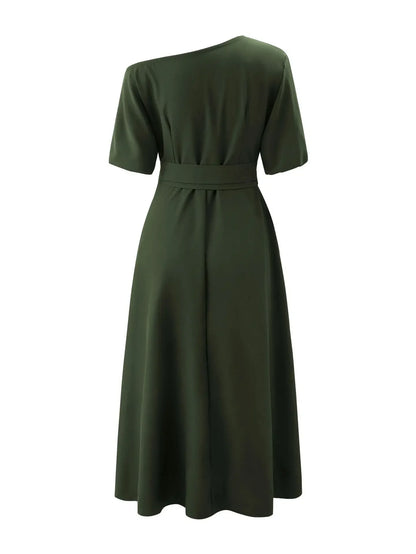 Women's S-2XL Size New Slanted Shoulder Collar Tie Waist Style Solid Color Dress Leopard print maxi dresses for women