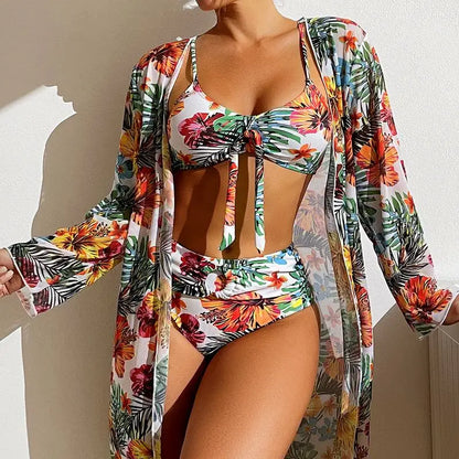 Size S-3XL Bikini Three Pieces Floral Printed Swimsuit Women Bikini Set With Mesh Long-Sleeved Blouse,Bra Top with Pad Swimwear