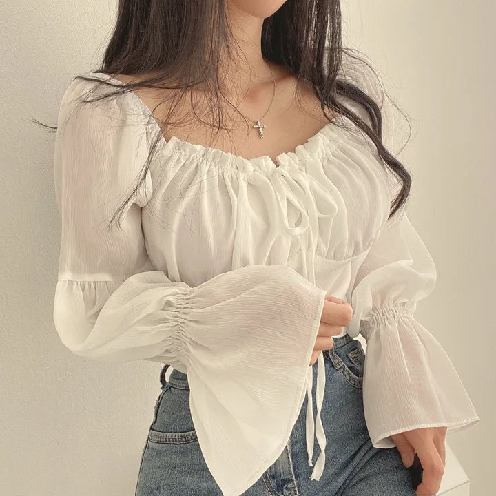 Women Chiffon Blouse Summer Shirt Square Collar Folds Lace Up Waist Tops Korean Fashion Flare Sleeve Elegant Blouses Femme