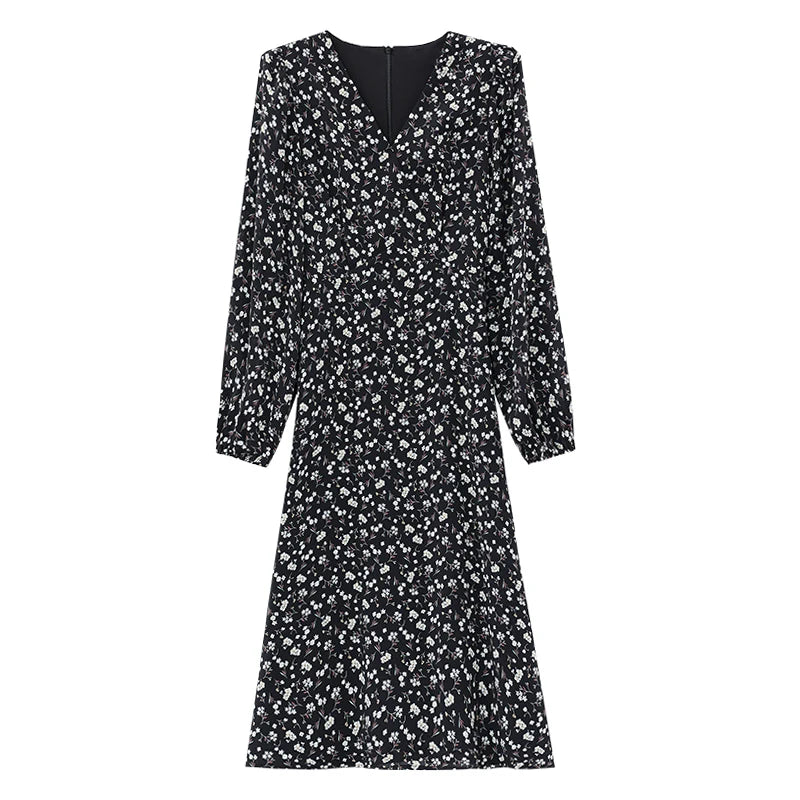 EVNISI Women V-neck Floral Printing Chiffon Dress Chic Slim Office A-line Dresses Long sleeves Women Party Vestido 2024 Autumn