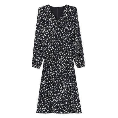 EVNISI Women V-neck Floral Printing Chiffon Dress Chic Slim Office A-line Dresses Long sleeves Women Party Vestido 2024 Autumn