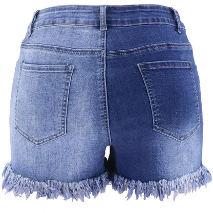Fashion Front Zipper Open Crotch Denim Shorts Women Casual High Waist Color Contrast Patchwork Female Tassel Three Quarter Pants